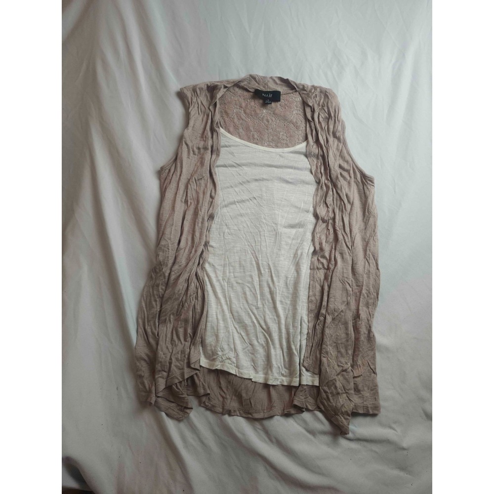 NAÏF Sleeveless Cardigan Sweater Womens Size S Beige Lace Back Casual Layered